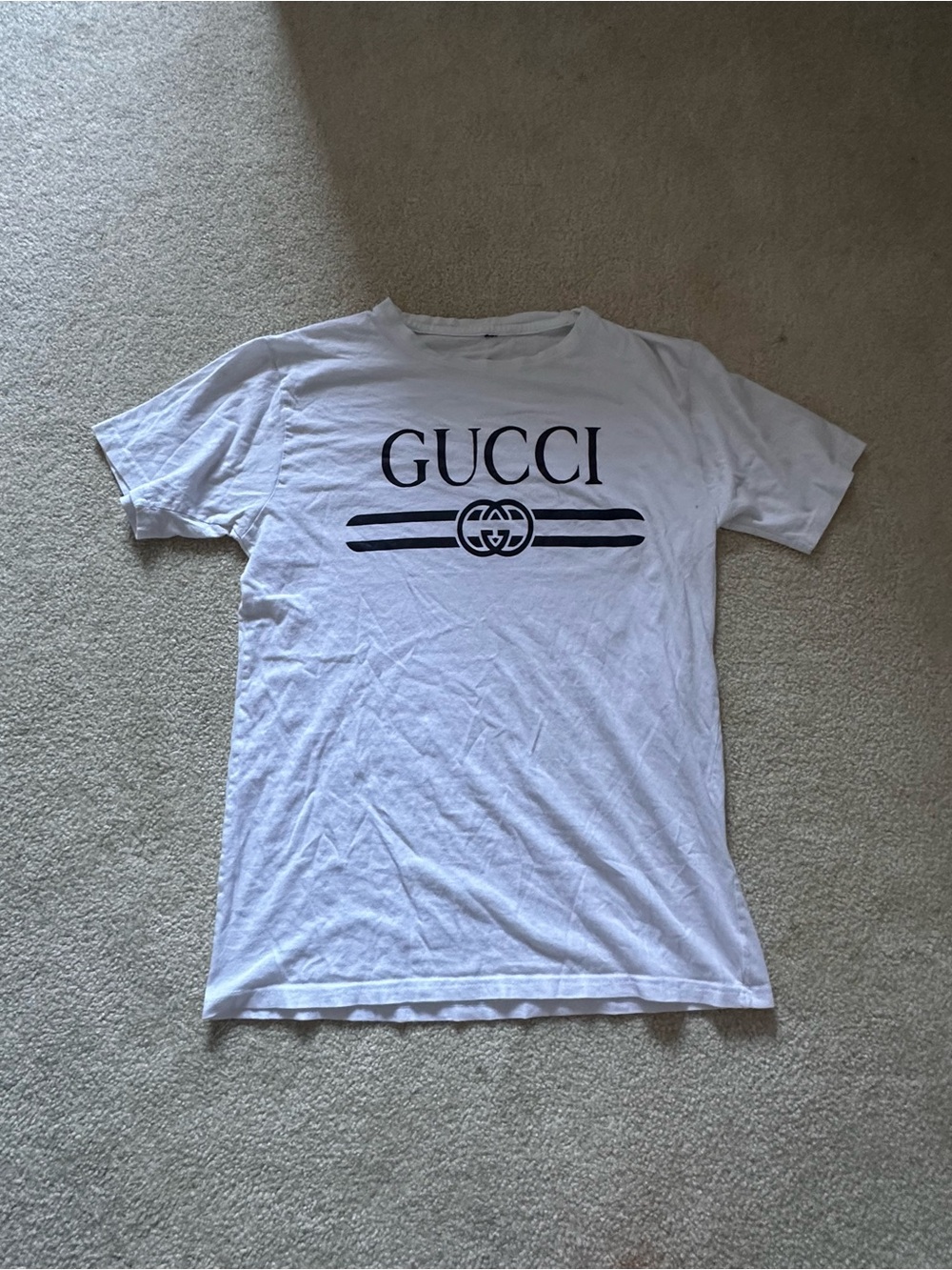Gucci White Short Sleeve Logo Tee with Black Print
